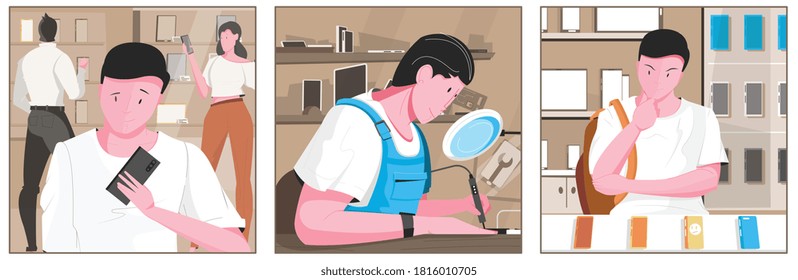 Smartphone illustration flat composition with three icons man at the electronic store repairman and man is choosing case vector illustration