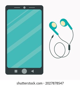 Smartphone illustration with headphones. Listen to music. For landing pages, stickers, banners, icons, book covers.