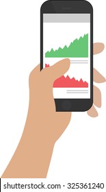 Smartphone Illustration - Isolated and held in hand on a white background, with stocks & shares charts on screen