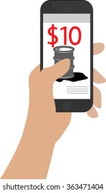 Smartphone Illustration - Isolated and held in hand on a white background, with oil price on screen symbolizing crash in prices at 10 dollars a barrel