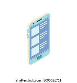 Smartphone illustration in isometric vector design. Isolated smart phone in various angles on white background. Cellphone with clean screen for mockup or website usage