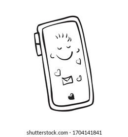 Smartphone illustration. SMS message, email, declaration of love, smile, hearts. Vector graphic in doodle style. Hand-drawn by a black line. Isolated image on a white background.