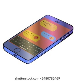 Smartphone illustration sticker with messenger enabled in which you can see the correspondence of two people and several emoticons. Vector illustration correspondence in social networks. One of the