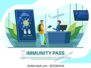 Smartphone with immune health passport. Traveler showing vaccine passport or certificate at the airport check in counter, flat vector illustration. Immunity pass poster design template.