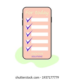 Smartphone with in-app to-do checklist, mark daily tasks. The idea of an online survey, questionnaire. Vector illustration.