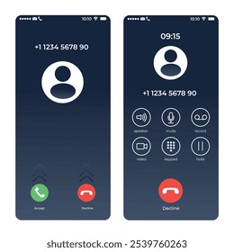 Interface de chamada de entrada Smartphone com informações de contato, aceitar, recusar botões e opções em chamada