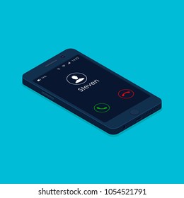 Smartphone with incoming call isometric flat illustration, Mobile phone application. Vector modern telephone.