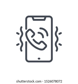 Smartphone with an incoming call line icon. Mobile phone with phone tube on display and vibration vector outline sign.