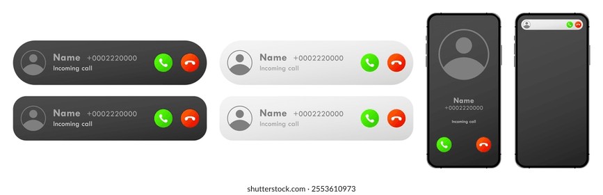 Smartphone Incoming Call Notification Screen UI Template Set. Mobile Phone Accept Decline Buttons User Interface Vector Illustration