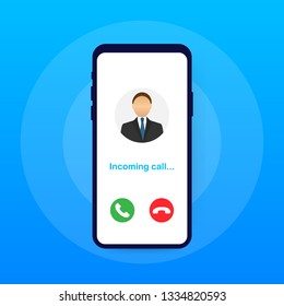 Smartphone with incoming call on display. Incoming call. Vector stock illustration. 