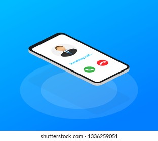 Smartphone with incoming call on display. Incoming call. Vector stock illustration. 