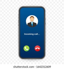 Smartphone with incoming call on display. Incoming call. Vector stock illustration.