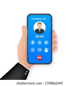 Smartphone with incoming call on display. Incoming call. Vector stock illustration.
