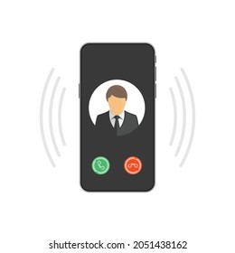 Smartphone with incoming call on display. Mobile phone ringing with signal and waves and vibration. Vector illustration in modern flat style. EPS 10.