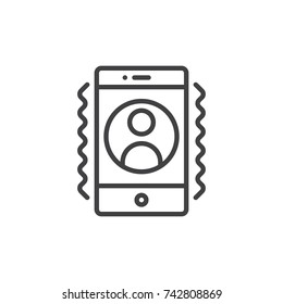 Smartphone with incoming call on display line icon, outline vector sign, linear style pictogram isolated on white. Mobile phone ringing with signal and waves and vibration symbol, logo illustration