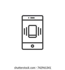 Smartphone with incoming call on display line icon, outline vector sign, linear style pictogram isolated on white. Mobile phone ringing with signal and waves and vibration symbol, logo illustration