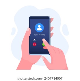 Smartphone incoming call screen interface flat illustration vector template, Mobile phone mockup, Smart Technology, Communication