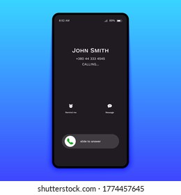 Smartphone Incoming Call Screen Mockup. Mobile Phone Interface Swipe To Answer Accept Decline Button. Vector Illustration.