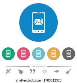 Smartphone incoming message flat white icons on round color backgrounds. 6 bonus icons included.