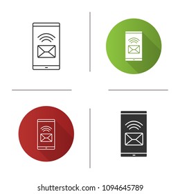 Smartphone incoming message icon. SMS. Mobile phone display with envelope. Flat design, linear and glyph styles. Isolated vector illustrations