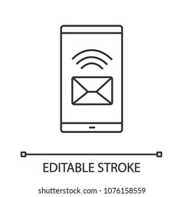 Smartphone incoming message linear icon. SMS. Thin line illustration. Mobile phone display with envelope. Contour symbol. Vector isolated outline drawing. Editable stroke