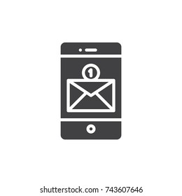 Smartphone with incoming message or sms on display icon vector, filled flat sign, solid pictogram isolated on white. Mobile phone mail symbol, logo illustration.
