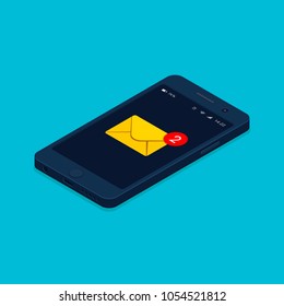 Smartphone and incoming messages isometric illustration. New mail, sms email notification. Vector isolated illustration.