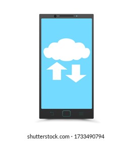 El intercambio de información de smartphone a través del servicio en la nube en fondo gris. Comunicación de red inalámbrica de nubes de teléfono