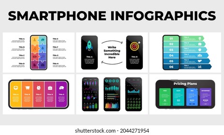 Smartphone infographic template presentation. 6 illustrations. Electronic device mockups. Puzzle banners, arrows, charts and diagrams.