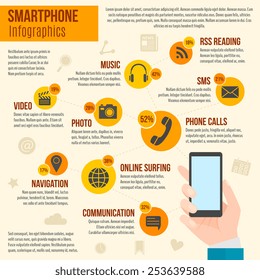 Smartphone infographics set with human hand holding mobile phone vector illustration