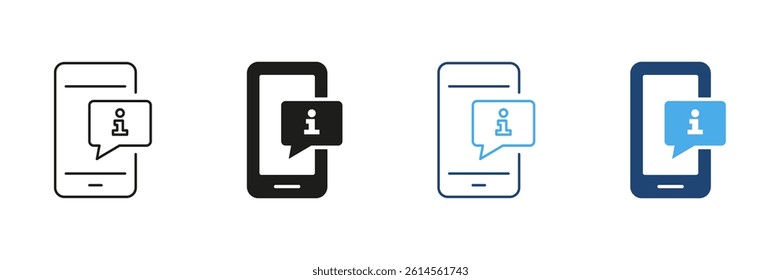 Smartphone With Information Bubble Icon Set. Mobile Notification, Alert, And Info Message Outline And Silhouette Symbol Collection. Digital Communication And Support. Isolated Vector Illustration.