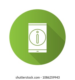Smartphone information flat design long shadow glyph icon. Support service. Mobile screen with info sign. Vector silhouette illustration