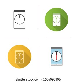 Smartphone information icon. Support service. Mobile screen with info sign. Flat design, linear and color styles. Isolated vector illustrations