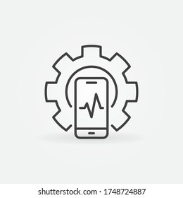 Smartphone inside Cog outline icon - vector Mobile Phone Repair concept linear symbol