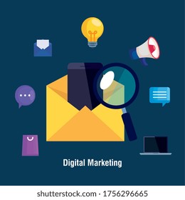smartphone inside envelope and lupe with icon set design, Digital marketing and ecommerce theme Vector illustration