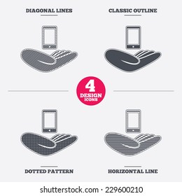 Smartphone insurance sign. Hand holds mobile phone symbol. Diagonal and horizontal lines, classic outline, dotted texture. Pattern design icons.  Vector