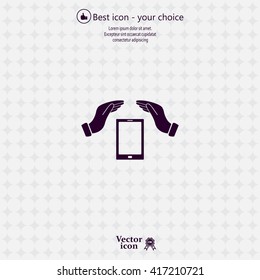 Smartphone insurance sign. Hand holds mobile phone symbol. 