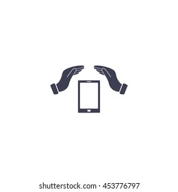 Smartphone insurance sign. Hand holds mobile phone symbol. 