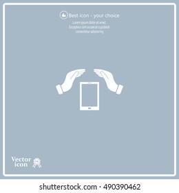 Smartphone insurance sign. Hand holds mobile phone symbol. 