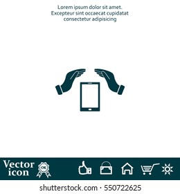 Smartphone insurance sign. Hand holds mobile phone symbol. 