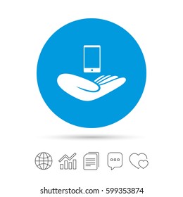 Smartphone insurance sign. Hand holds mobile phone symbol. Copy files, chat speech bubble and chart web icons. Vector