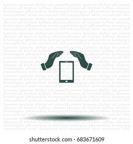 Smartphone insurance sign. Hand holds mobile phone symbol. 