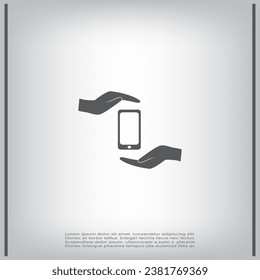 Smartphone insurance sign. Smartphone in hand. Vector icon.