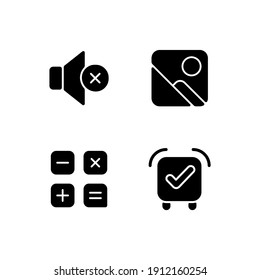 Smartphone interface black glyph icons set on white space. Silent mode setting. Photo gallery. Calculator. Alarm clock. Sounds control. Silhouette symbols. Vector isolated illustration