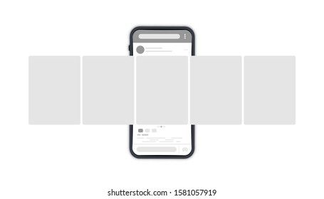 Smartphone with interface carousel post on social network. Phone mockup template. Social media story. Modern flat style vector illustration. Online stories post, Comment chat, Carousel ads banner
