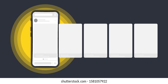 Smartphone with interface carousel post on social network. Phone mockup template. Social media story. Modern flat style vector illustration. Online stories post, Comment chat, Carousel ads banner