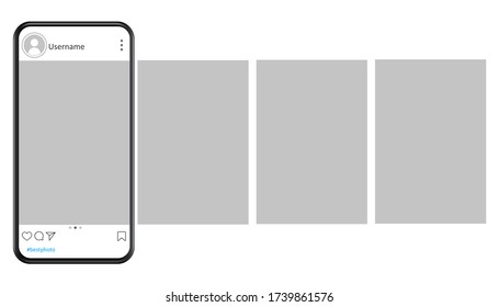 Smartphone with interface carousel post on social network. Mockup of the mobile application on the screen of a realistic smartphone. Social media design concept, minimal design - stock vector