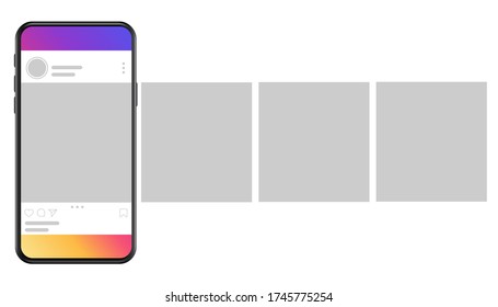 Smartphone with interface carousel post on social network. Mockup of the mobile application on the screen of a realistic smartphone. Social media design concept, minimal design - vector