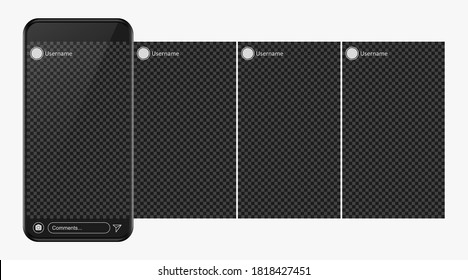 Smartphone with interface carousel post on social network. Stories frame. Mockup of the mobile application on the screen of smartphone. Social media design concept, minimal design - stock vector