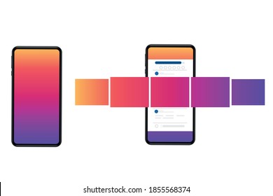 Smartphone with interface carousel post on social network. Internet application interface on a smartphone screen. Vector illustration	